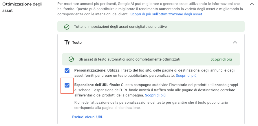 La funzione URL Expansion permette a PMax di portare traffico anche a pagine non inserite negli asset.
Può aiutare a scoprire nuove opportunità, ma anche generare traffico dispersivo.
Controlla nei report dove stanno atterrando gli utenti e disattiva URL indesiderati.