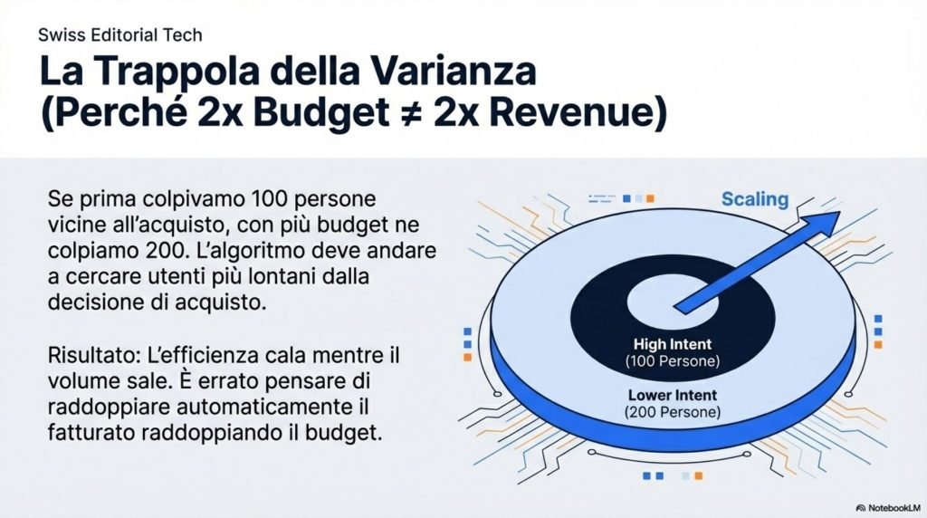 Avendo più budget faremo più impression, ma al tempo stesso aumenterà la varianza del pubblico cui mostreremo le campagne. Banalmente se prima colpivamo 100 persone al giorno con maggior budget ne colpiremo 200. Ciò significa che l'algoritmo colpirà sia utenti più vicini all’acquisto che utenti più lontani. Di fatto aumenterà la varianza del pubblico.