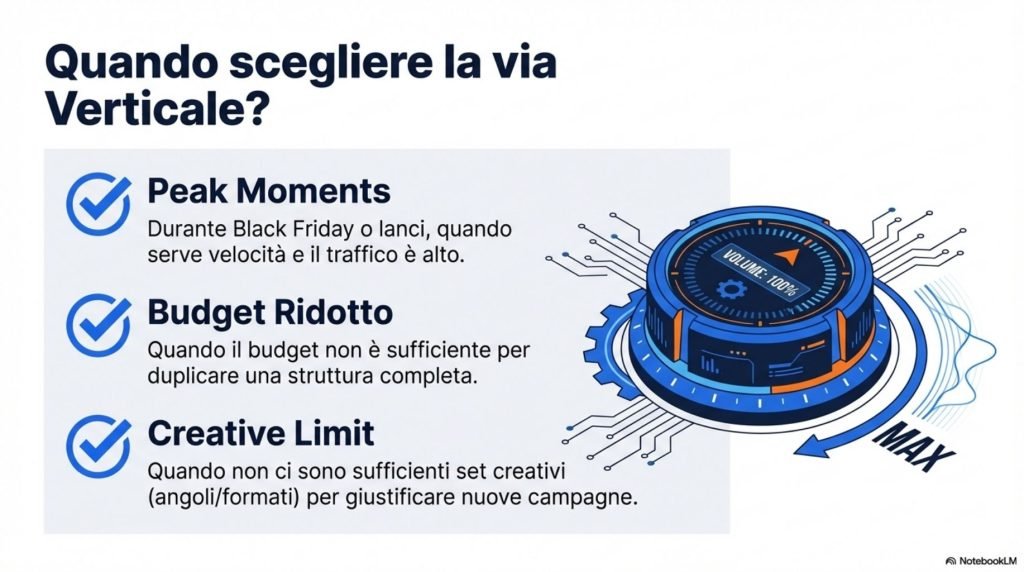 Scalare una campagna in modo verticale significa aumentarne il budget. L’aumento del budget sulla singola campagna, potrebbe comportare delle variazioni di performance.